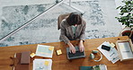Top view, laptop and business woman typing report for accounting proposal for audit in office. Above, computer and worker writing email for payroll review, finance and check balance for bookkeeping