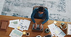 Above, laptop and business woman typing report for investment proposal with data in office. Top view, computer and African worker writing email for finance chart, risk management and review metrics