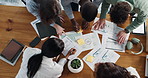 Above, team and business people in meeting with documents for planning, feedback and finance report. Office, collaboration and men with women with paperwork for budget, statistics or financial review