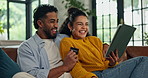 Couple, tablet and credit card on sofa with online shopping, laugh and easy payment in lounge at house. People, happy man and woman with fintech app, ecommerce or discount sale on couch at apartment