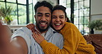 Happy, selfie and face of couple in home for bonding, commitment or trust in relationship. Smile, portrait and man with woman for relax on sofa with photography picture for memory together in house.