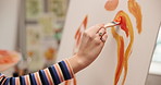Hands, canvas and artist painting in home for hobby, talent or skill for creativity in studio. Artwork, workshop and female person with sketch, color and design process in living room in home.