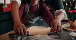 Christmas, baking and mom with child with rolling pin for cookies, dessert and cake recipe. Family, home and mother with girl with dough ingredients for teaching, baker skills and holiday tradition