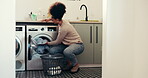 Clothes, loading and cleaning with woman and washing machine for fabric, basket and linen. Laundry, housekeeping and cloth with person in washroom of home for cleaner, dryer and domestic chores