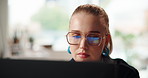 Computer reflection, reading and business woman in office for editing, copywriting and research. Technology, worker and check website online for creative problem solving or content writing in startup