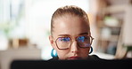Computer reflection, startup and business woman with graphic design project for website. Technology, face and worker with glasses for reading, digital art or brand logo development in creative office