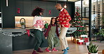 Christmas, parents and dancing with child in home for celebration, festive season and family fun. Relationship, african people and movement in house for xmas music, bonding together or holiday energy