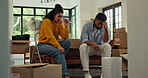 Eviction, moving house and upset with couple in living room of home together for financial crisis. Bankruptcy, debt and mortgage with unhappy people in apartment for lease or loan termination