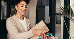 Happy woman, delivery and box with credit card or pos for courier service or door payment in home. Female person, customer and tap to pay with debit or buy for package, shipment or parcel in house