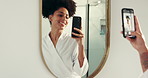 Woman, selfie and happy by bathroom mirror with skincare, wellness and post on web for beauty in home. African person, smile and reflection with natural glow, results and photography on social media