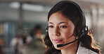 Face, headset and support with woman in call center for feedback or solution as virtual assistant. Communication, consulting and contact us with agent in workplace for advice or customer service