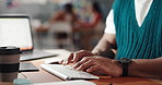 Hands, keyboard and typing with business person at desk in office for administration or report. Computer, planning and research with employee in workplace for feedback, productivity or review