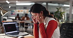 Woman, headache and night at office with laptop, stress and fatigue with graphic design career at company. Person, migraine and pain with computer, exhausted and brain fog for job at creative agency