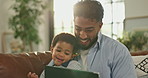 Watching, cartoons and man with child, tablet and bonding in home, laugh or streaming comedy on web. Happy, person and smile with toddler in living room, online and funny film on app, father and son