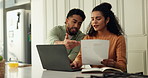 Frustrated couple, laptop or documents with financial crisis for debt, bankruptcy or bills in home. Angry, man and woman with paperwork in conflict, fight or disagreement for missed payment or notice