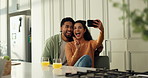 Peace sign, selfie and smile of couple in kitchen of home together for bonding or memories. Emoji, photograph and social media with playful people in apartment for post update or profile picture