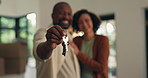 Happy, black couple and hands with keys in new home for property investment, real estate or sale. Man, woman and smile with access for apartment building, mortgage or safety and security in house