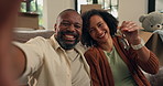 Happy, black couple and face with keys or selfie in new home for property investment or memory. Portrait, man and woman with smile or access for photography, picture or apartment together in house