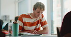 Thinking, phone and man with notes app for classroom research, project ideas and lecture course. People, university students and education in college with studying, technology and learning knowledge