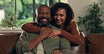 Face, smile and hug with black couple at house for love, affection and bonding together on sofa. Portrait, people or embrace for care, loyalty and partner support of relationship commitment in lounge
