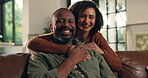 Face, happy and hug with black couple at house for love, affection and bonding together on sofa. Portrait, people or embrace for care, loyalty and partner support of relationship commitment in lounge