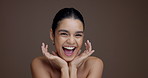 Excited, woman and glow of smooth skin, face and bodycare with treatment for beauty or mockup space. Studio background, self care and person with smile for skincare, cosmetic or dermatology for shine
