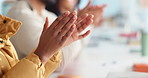 Business people, hands and congratulations with applause for presentation or well done in office. Group, employees or team clapping in row, line or workshop for staff training, thank you or good job