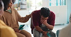 Sad man, emotion or meeting with support group for counseling or mental health in workplace. Businessman, team and empathy with help in social convention for difficulty, understanding or sympathy