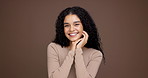 Happy model, face and beauty with smile in studio for makeup on a brown background. Portrait, female person or woman with self care, satisfaction or cosmetics or treatment results on mockup space