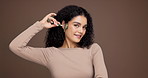 Woman, face and jade roller in studio, smile and space with circulation, dermatology and self care on background. Girl, model and stone tools for cosmetics, happy and benefit for beauty in Costa Rica
