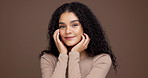 Happy woman, face and beauty with skincare in studio for cosmetology on a brown background. Portrait, female person or model with smile in satisfaction for facial treatment or soft skin on space