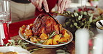 Person, hands and cutting with chicken on dining table for christmas celebration or feast in home. People, meal and preparation with serving for thanksgiving dinner, lunch or eating together in house