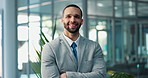 Face, arms crossed and happy business man with pride as insurance advisor in corporate office. Portrait, smile and professional worker with confidence, expert employee and risk consultant in Spain