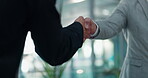 Teamwork, handshake and meeting with business people in office for contract, b2b and welcome. Partnership, introduction and shaking hands with employees in agency for agreement, deal and thank you