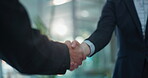 Offer, handshake and meeting with business people in office for contract, b2b and teamwork. Partnership, introduction and shaking hands with employees in agency for agreement, deal and thank you