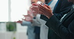 Applause, conference and hands of business people in office for achievement, motivation or success. Celebration, congratulations and support with excited employee team clapping in convention center