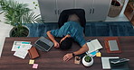 Sleeping, burnout and businessman in office with project for finance statistics, graphs or charts. Laptop, documents and top view of tired male financial manager with nap in workplace for fatigue.