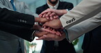 Legal team, group and hands together for support in office, colleagues and applause for opportunity. Stack, lawyer and people with solidarity for case, clapping and collaboration in law firm or unity