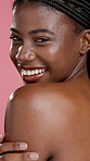 Body care, health and face of black woman in studio with natural, glow or hydration for smooth skin. Portrait, beauty and African female person with silky dermatology for cosmetics by pink background