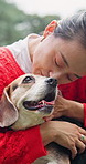 Smile, kiss and dog with woman in park for bonding, pet training and foster care. Animal adoption, happiness and love with person and beagle in nature for petting, summer holiday and canine friend