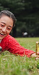 Outdoor, woman and bonding with dog, selfie or memory for social media, grass or photography on web. Online, profile picture and Japanese person with pet in woods, post and happy with domestic animal