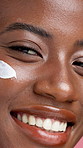 Cream, beauty and face of black woman for skincare, facial treatment or anti aging cosmetics. Dermatology, closeup and portrait of person with lotion, spf and moisturizer for hydration, glow or shine