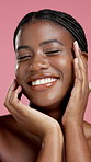 Skincare, touch and face of black woman in studio with confidence, skin glow and natural beauty. Salon, aesthetic and portrait of happy person for dermatology, shine and cosmetics on pink background