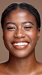 Black woman, face and natural skincare for beauty in studio, facial dermatology or glow on brown background. Treatment, shine and cosmetic care portrait with female person, skin health and smile