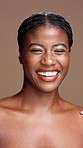 Happy woman, face and natural skincare for beauty in studio, dermatology or smooth texture on background. Touching skin, shine and portrait with African person, laughing and self care treatment
