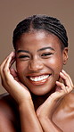 Happy black woman, face and skincare for beauty, dermatology and facial hydration. Portrait, soft skin and African model with glow, wellness and confidence with self care on brown studio background