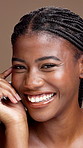 Natural, skincare and face of black woman with smile for cosmetics, beauty and facial treatment. Dermatology, spa and portrait of African person for grooming, skin glow or shine on studio background