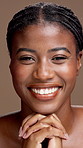 Natural, beauty and face of black woman in studio for cosmetics, skincare and facial treatment. Dermatology, happy and portrait of African person for grooming, skin glow or shine on brown background