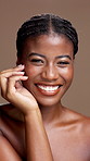 Happy black woman, face and skincare for aesthetic, beauty and facial hydration. Cosmetics, skin texture and model with dermatology, wellness and natural with self care on brown studio background