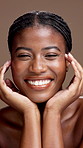 Healthy skin, face and black woman with smile, skincare and confident with facial treatment or glow. Studio background, person and self care with cosmetics for beauty, anti aging and dermatology